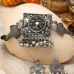 Moedbuille Silver-Plated Oxidised Ghungroo-Studded Jewellery Set-picture-40