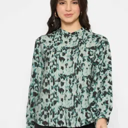 Madame Green Viscose Printed Long Sleeves Top-image-0