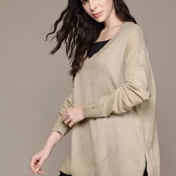 The Roadster Lifestyle Co. V-Neck Full Sleeves Longline Pullover-picture-14