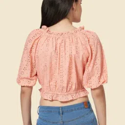 YU by Pantaloons Peach Cotton Self Pattern Crop Top image 5