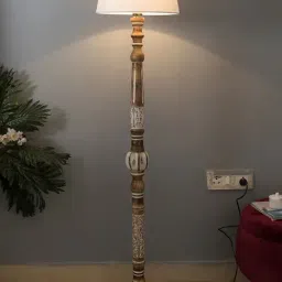 Homesake Royal Carving White & Brown Wooden Floor Lamp with Shade - Set of 1 image 5