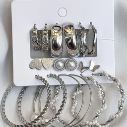 DressBerry Set Of 9 Silver-Plated Pearls Studded Circular Shaped Studs-picture-35