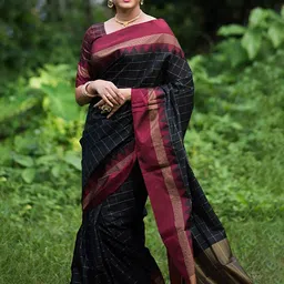Aldwych Woven Design Checked Zari Banarasi Saree-image-88