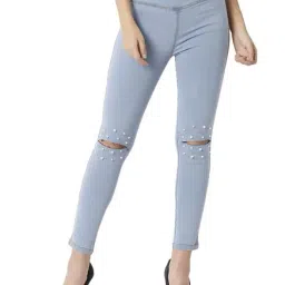 Miss Chase Sky Blue Cotton Super Skinny Fit Jeggings-image-2