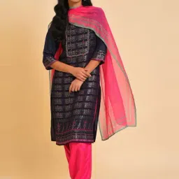 Wishful by W Navy & Pink Woven Pattern Kurta Salwar Set With Dupatta-image-51