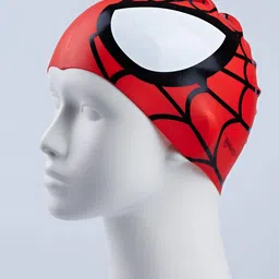 JOONOR Spider Swimming Cap for Kids - Silicone Cap for Boys and Girls Aged 3-8 - Blue/Red Spider Pattern image 3