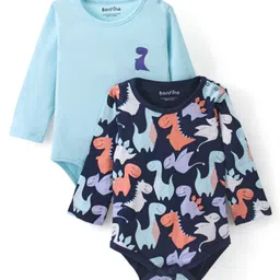 Bonfino 100% Cotton Full Sleeves Onesies with Shoulder Buttons and Dino Print Pack of 2 - Blue-image-1