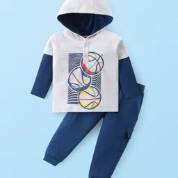 Babyhug Cotton Knit Doctor Sleeves Hooded T-Shirt & Lounge Pants Set With Basketball Print - White & Blue-picture-19