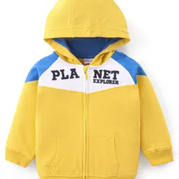 Babyhug Cotton Fleece Knit Full Raglan Sleeves Front Open Hooded Sweatjacket with Cut & Sew Design & Text Embroidery - Yellow-picture-30