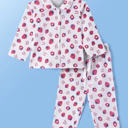 Doodle Poodle 100% Cotton Knit Full Sleeves Night Suit With Strawberries Print - White & Pink-image-38