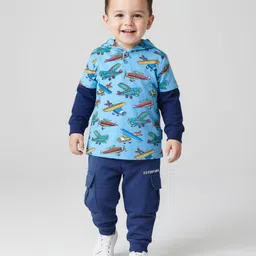 Babyhug Cotton Knit Doctor Sleeves Hooded T-Shirt & Lounge Pants Set With Airplanes Print - Light Blue-picture-12