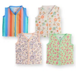 The Boo Boo Club 100% Cotton Muslin Pack Of 4 Sleeveless Baby Animals Printed & Striped Jhablas - Multi Colour-image-1