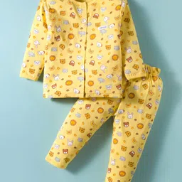 ToffyHouse 100% Cotton Knit Half Sleeves Front Open Night Suit with Animal Print - Light Yellow-image-29