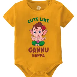 Baby Buzz 100% Cotton Knit Ganesh Chaturthi Theme Half Sleeves Cute Like Gannu Bappa Text Printed Onesie - Yellow-picture-19