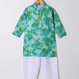 M'andy Cotton Silk Woven Full Sleeves Floral Printed & Foil Checked Kurta Pyjama Set - Green-picture-25
