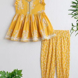 The Magic Wand Cotton Woven Sleeveless Floral Printed & Gota Lace Embellished Kurti With Harem Pants Set - Yellow-picture-25