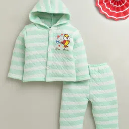 BUMZEE Knit Full Sleeves Striped Hooded Winter Wear Suit with Choo Choo Print - Mint-picture-18