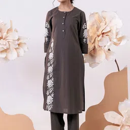 MISRI Floral Embroidered Thread Work Pure Cotton Straight Kurta With Trouser-picture-18