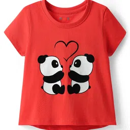 kookie kids india Kookie Kids Knit Half Sleeves Shorts Night Suit With Panda & Heart Print - Red image 2