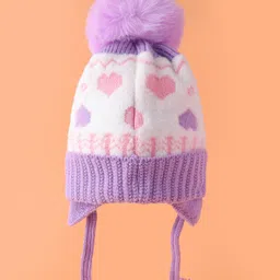 Babyhug Woollen Cap With Knot & Hearts Design Purple - Diameter 14 cm image 2