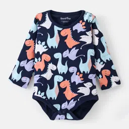 Bonfino 100% Cotton Full Sleeves Onesies with Shoulder Buttons and Dino Print Pack of 2 - Blue image 4