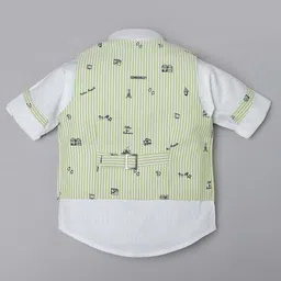 Rikidoos Full Sleeves Striped & Typography Printed 3 Piece Coordinating Party Suit Set With Bow & Cap - Pista & White image 4