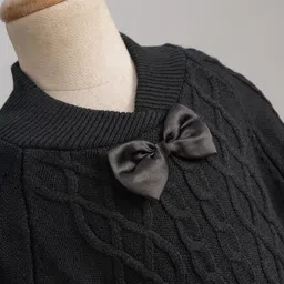 Yellow Apple Fleece Knit Full Sleeves Woollen Ponchos With Cable Knit Design - Black image 3