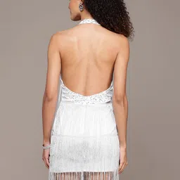 bebe Future Glam Sequinned Halter Neck Fringed Tiered Sheath Mini Dress image 5