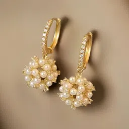 PolluxCraft Korean Gold-Plated Stones Studded & Pearls Beaded Contemporary Hoop Earrings image 3