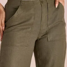 Go Colors! Green Linen Mid Rise Flared Pants image 5