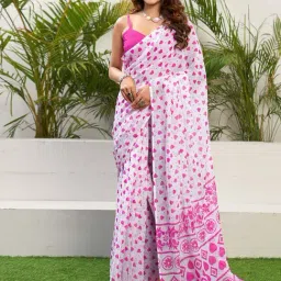 Satrani Pink & White Printed Saree With Unstitched Blouse-picture-33