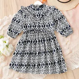 Bella Moda Girls White Cotton Three Fourth Sleeves Abstract Printed Dress-image-97