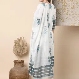 FASHOR Floral Printed Round Neck Pure Cotton Straight Kurta With Trousers & Dupatta image 3
