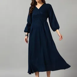 Femvy Women Puff Sleeve V-Neck Empire Midi Dress-image-92
