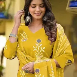 Lyzoo Women Ethnic Motifs Printed Regular Kurta with Trousers & With Dupatta image 2