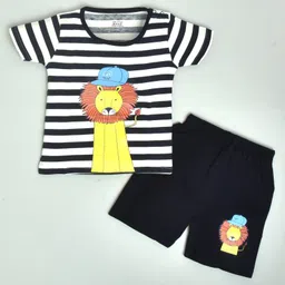Kiwi 100% Cotton Half Sleeves Rugby Striped Lion Printed Tee With Coordinating Shorts - Black-picture-16