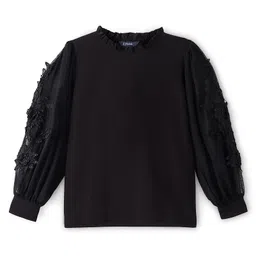 Pine Kids Knitted Full Sleeves Stretchable Solid Top with Floral Embroidered Net Sleeves - Black-picture-32