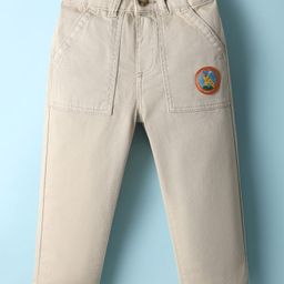 Babyhug Cotton Lycra Woven Full Length Solid Coloured Trouser With Stretch & Animal Patch - Beige-picture-32