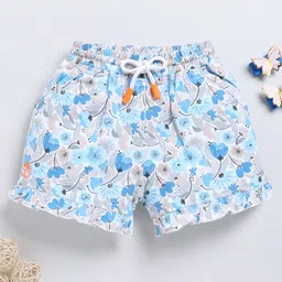 Biskid Cotton Floral Printed Shorts - White & Blue-picture-14