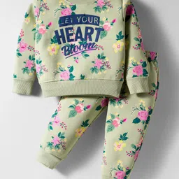 Smarty Girls Cotton Woven Full Sleeves Winter Night Suit with Text & Floral Print - Limegreen-picture-11