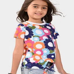 Bonkids Cotton Knit Half Sleeves Floral Printed Tie Up Tee - Multi Colour-picture-12