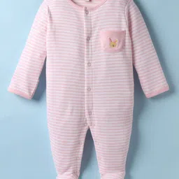 ToffyHouse Interlock Knit Full Sleeves Front Open Striped Footed Sleepsuit With Bunny Embroidery - Pink-picture-15