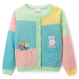 Babyhug Knitted Full Sleeves Front Open Sweater With Bunny & Floral Embroidery - Multicolor-picture-15