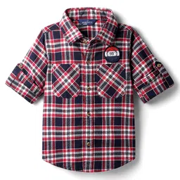 INFINITY Cotton Woven Full Sleeves Tartan Checked & 99 Number Patch Shirt - Navy Blue & Red-image-73
