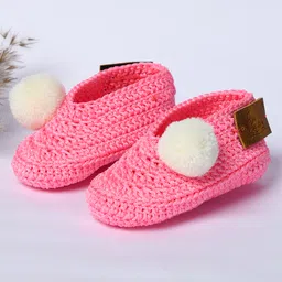 Funkrafts Knit Handmade Crochet Designed & Pom Pom Embellished Booties - Pink-image-82