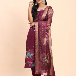 DIVASTRI Floral Embroidered Thread Work Pure Silk Straight Kurta & Trousers With Dupatta-picture-32