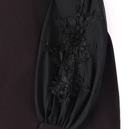 Pine Kids Knitted Full Sleeves Stretchable Solid Top with Floral Embroidered Net Sleeves - Black image 5