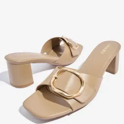 LUNA BLU by Westside Taupe Buckle Detailed Block Sandals image 3