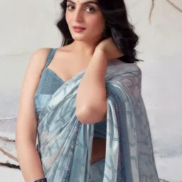 Satrani Grey Printed Saree With Unstitched Blouse image 5