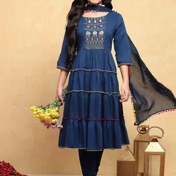 Biba Girls Embroidered Tiered Thread Work Pure Cotton Kurta with Churidar & With Dupatta-image-36